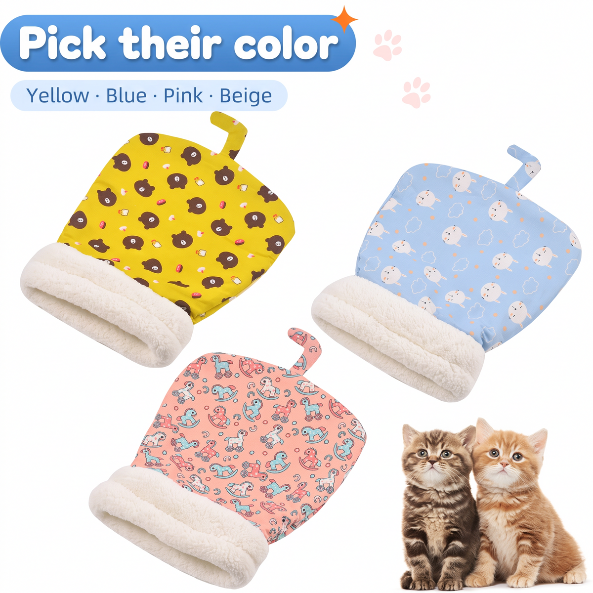 Pick their color: yellow, blue and pink cat sleeping bags with two kittens
