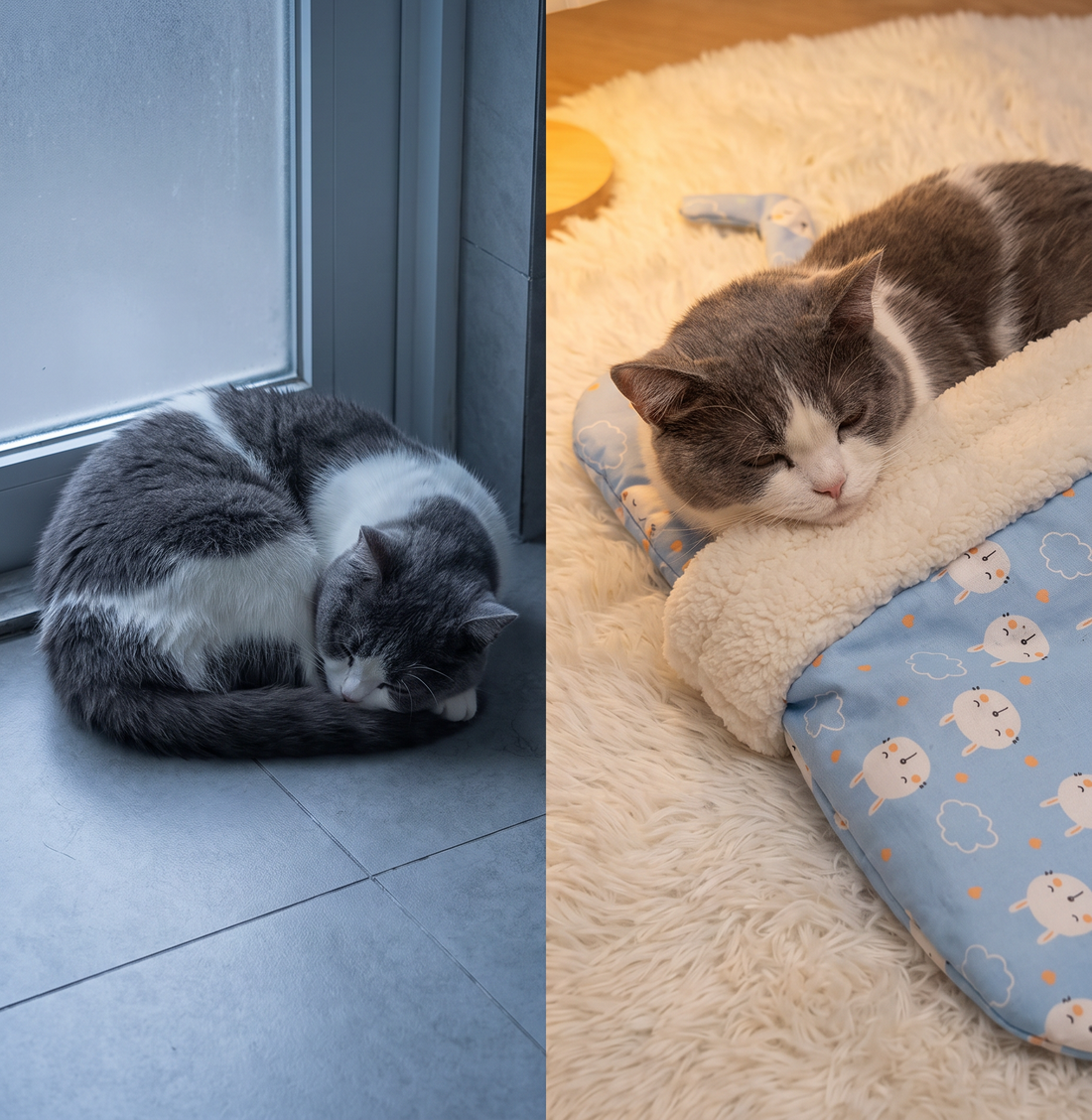 Cat on a cold floor next to the same cat warm in the sleeping bag