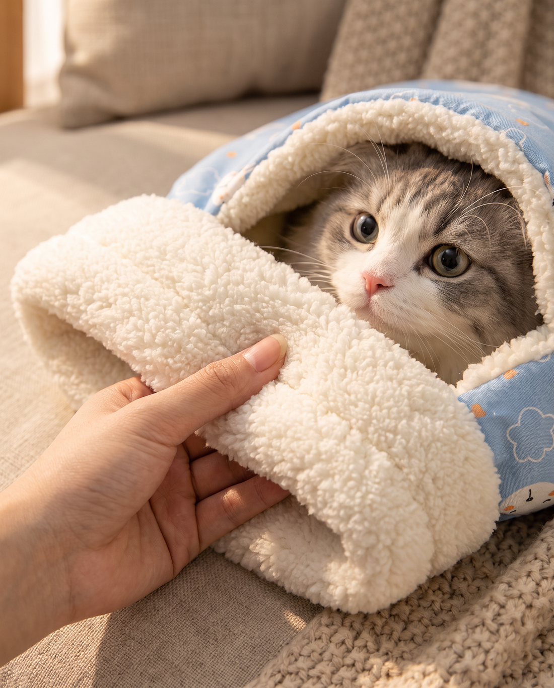 Hand pressing the thick plush lining while a cat peeks out of the sleeping bag