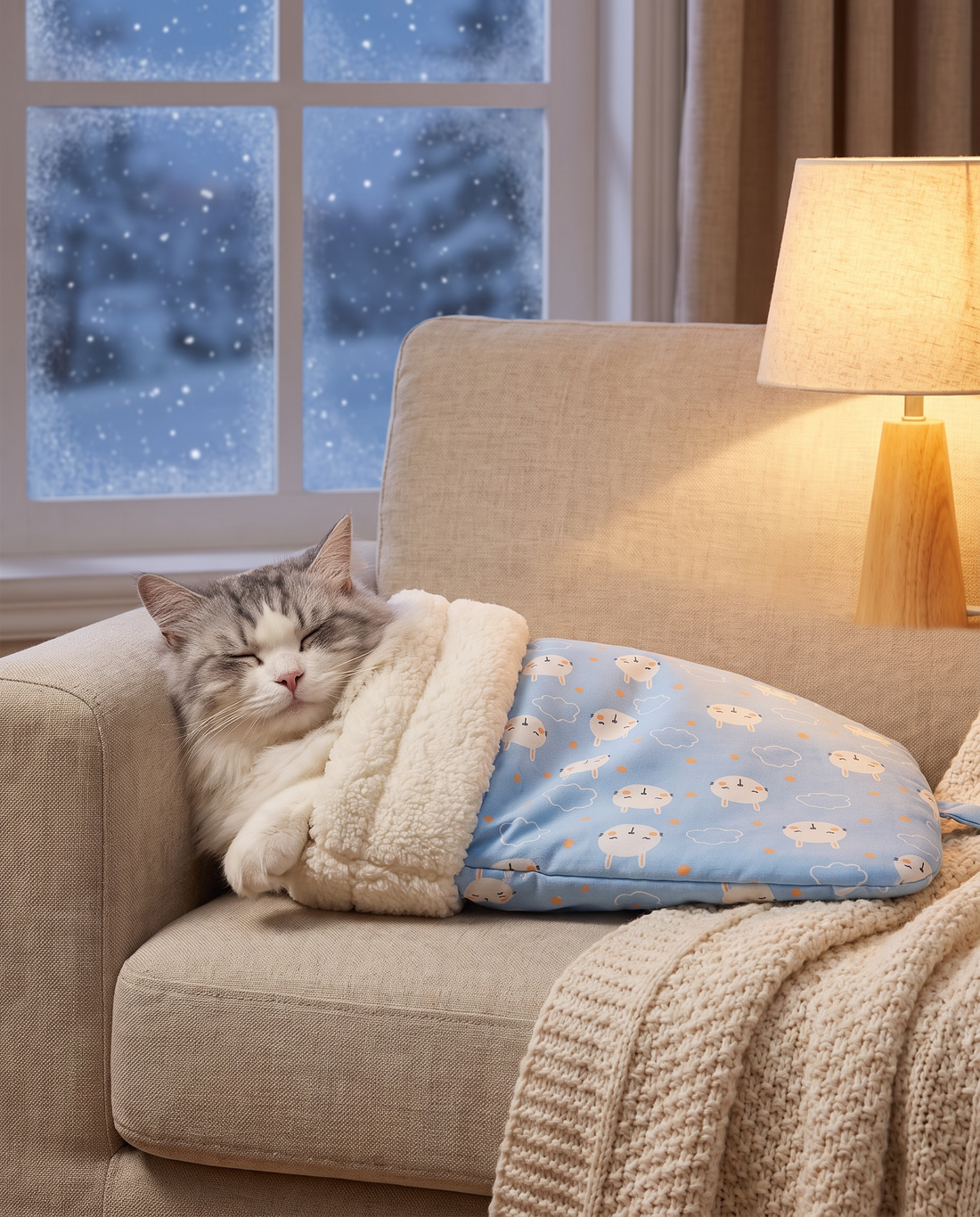 Cat asleep in the blue Cozy Cat Sleeping Bag on a sofa on a snowy evening