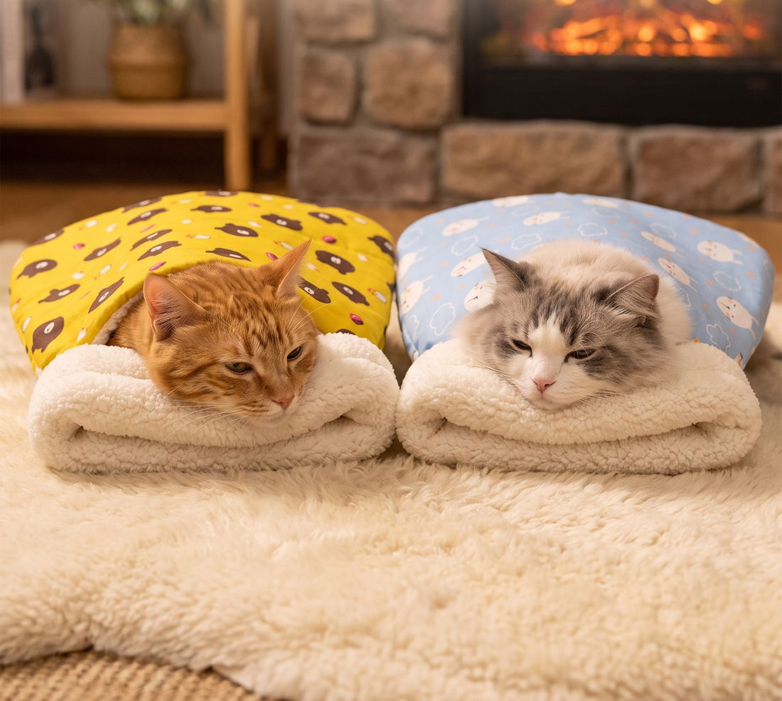 Two cats resting in a yellow and a blue sleeping bag by the fireplace